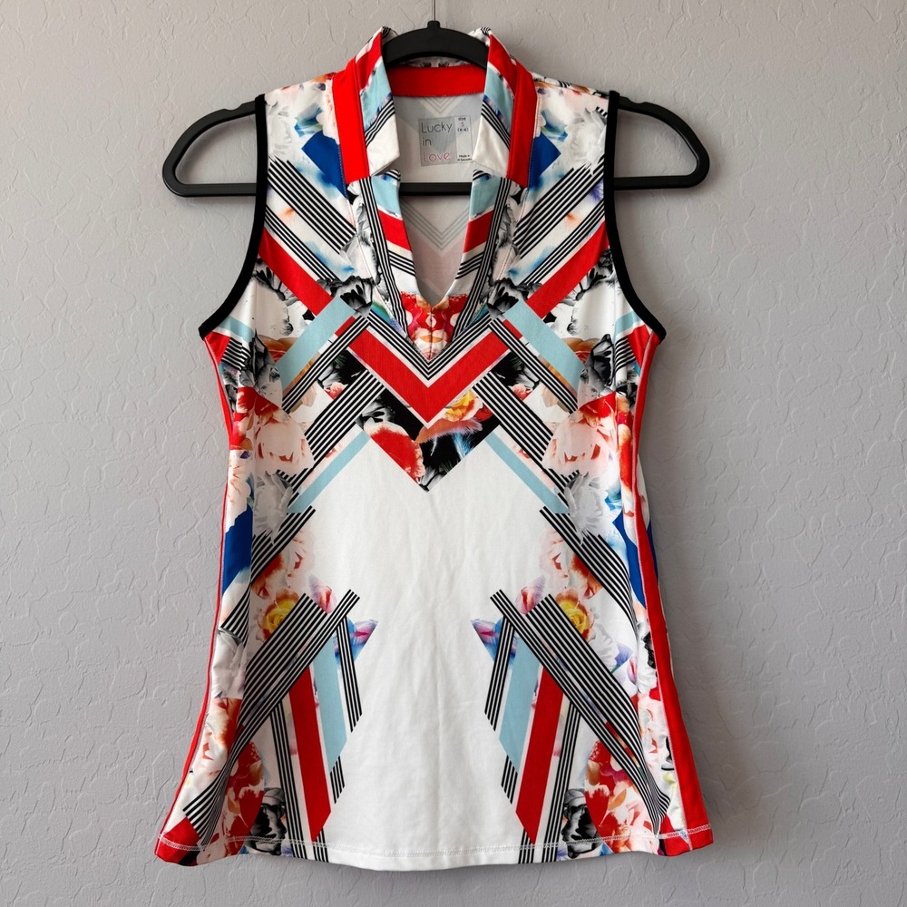 Lucky in Love Athletic Tank Top Sleeveless‎ Geometric Print Activewear S